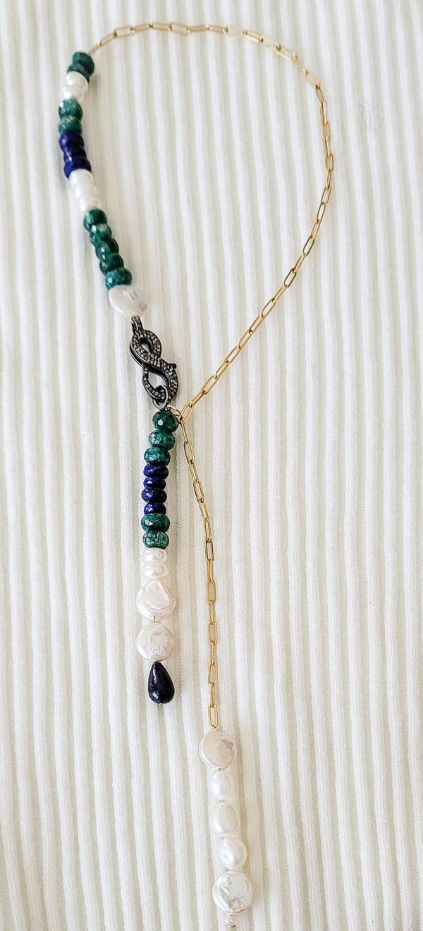 Emerald and Pearl Lariat Necklace