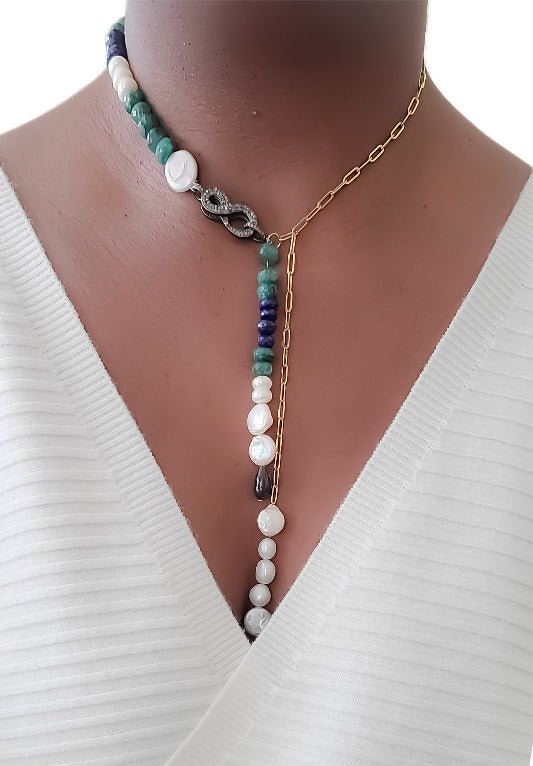 Emerald and Pearl Lariat Necklace