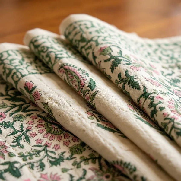 Hand Block Printed Cotton Emerald Green & Pink All-Over 13 Pieces Floral Table Linen Set