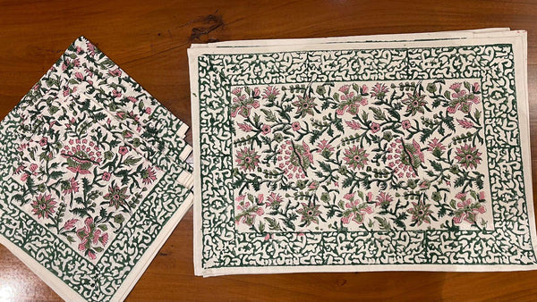 Hand Block Printed Cotton Emerald Green & Pink All-Over 13 Pieces Floral Table Linen Set