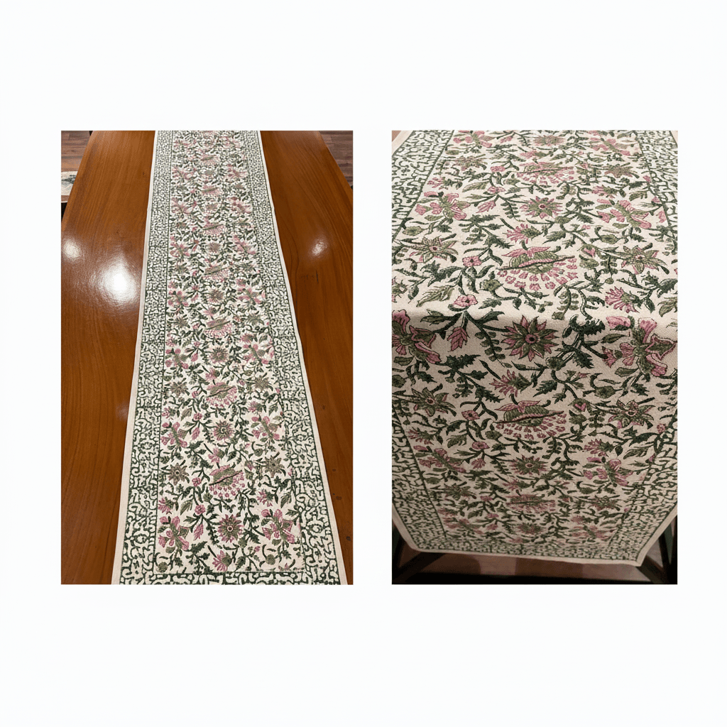 Hand Block Printed Cotton Emerald Green & Pink All-Over 13 Pieces Floral Table Linen Set