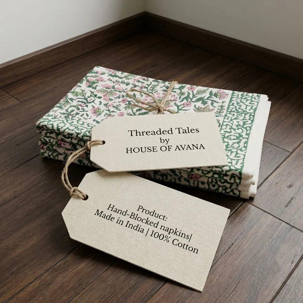 Hand Block Printed Cotton Emerald Green & Pink All-Over 13 Pieces Floral Table Linen Set