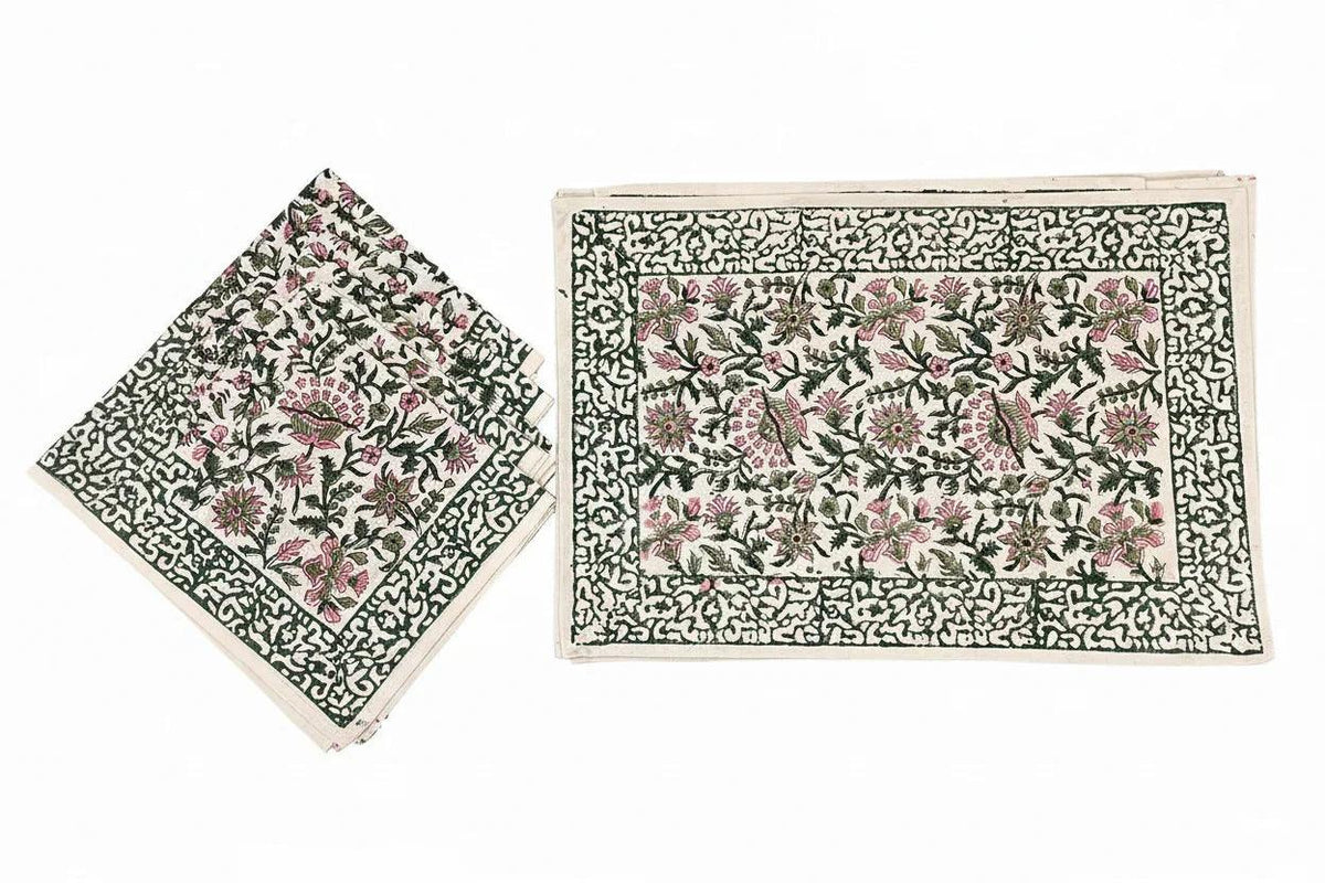 Hand Block Printed Cotton Emerald Green & Pink All-Over 13 Pieces Floral Table Linen Set