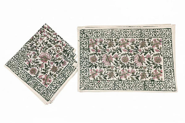 Hand Block Printed Cotton Emerald Green & Pink All-Over 13 Pieces Floral Table Linen Set