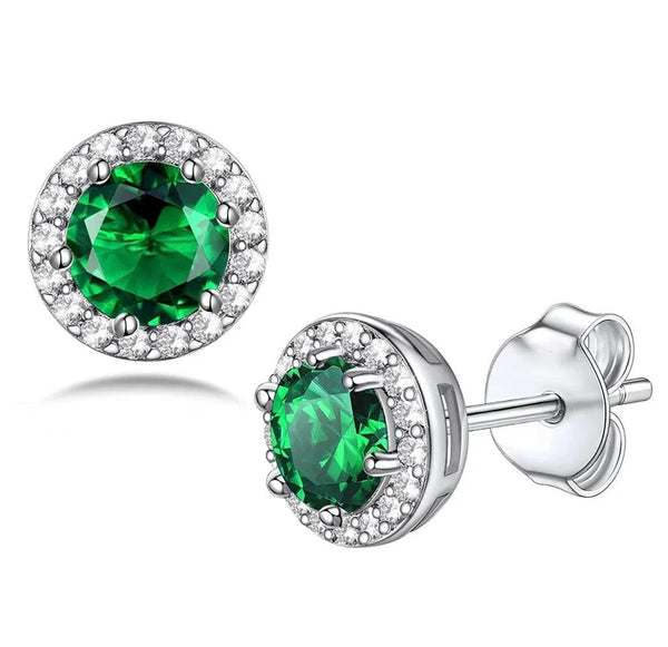 14K White Gold Flashed Birthstone Gemstone CZ Halo Studs Earrings - Gifts for You 'n Me