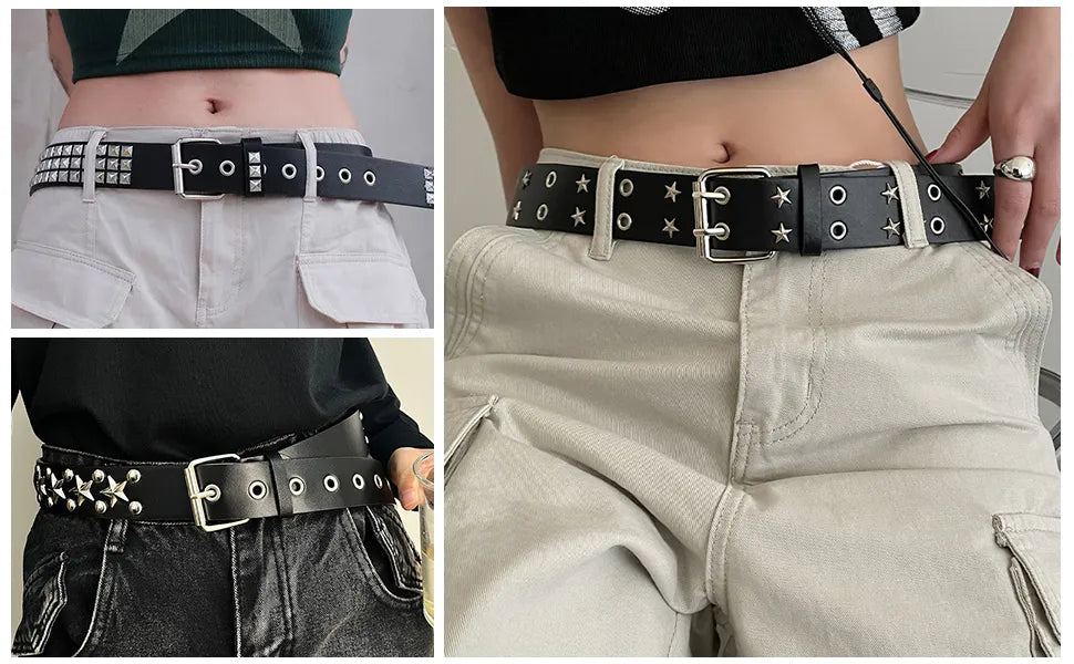 Black Studded Belt Set - 3 Pack Punk Rock Waist Belts with Pyramid Studs, Stars & Grommets