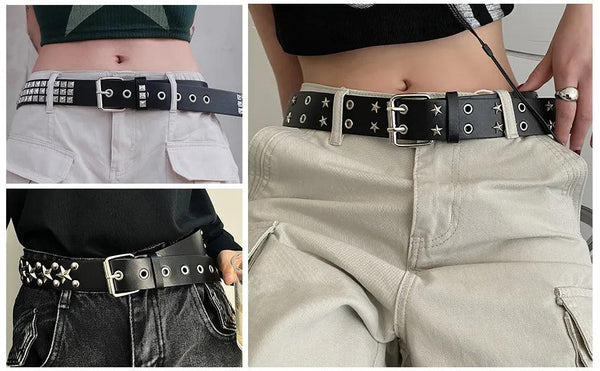 Black Studded Belt Set - 3 Pack Punk Rock Waist Belts with Pyramid Studs, Stars & Grommets