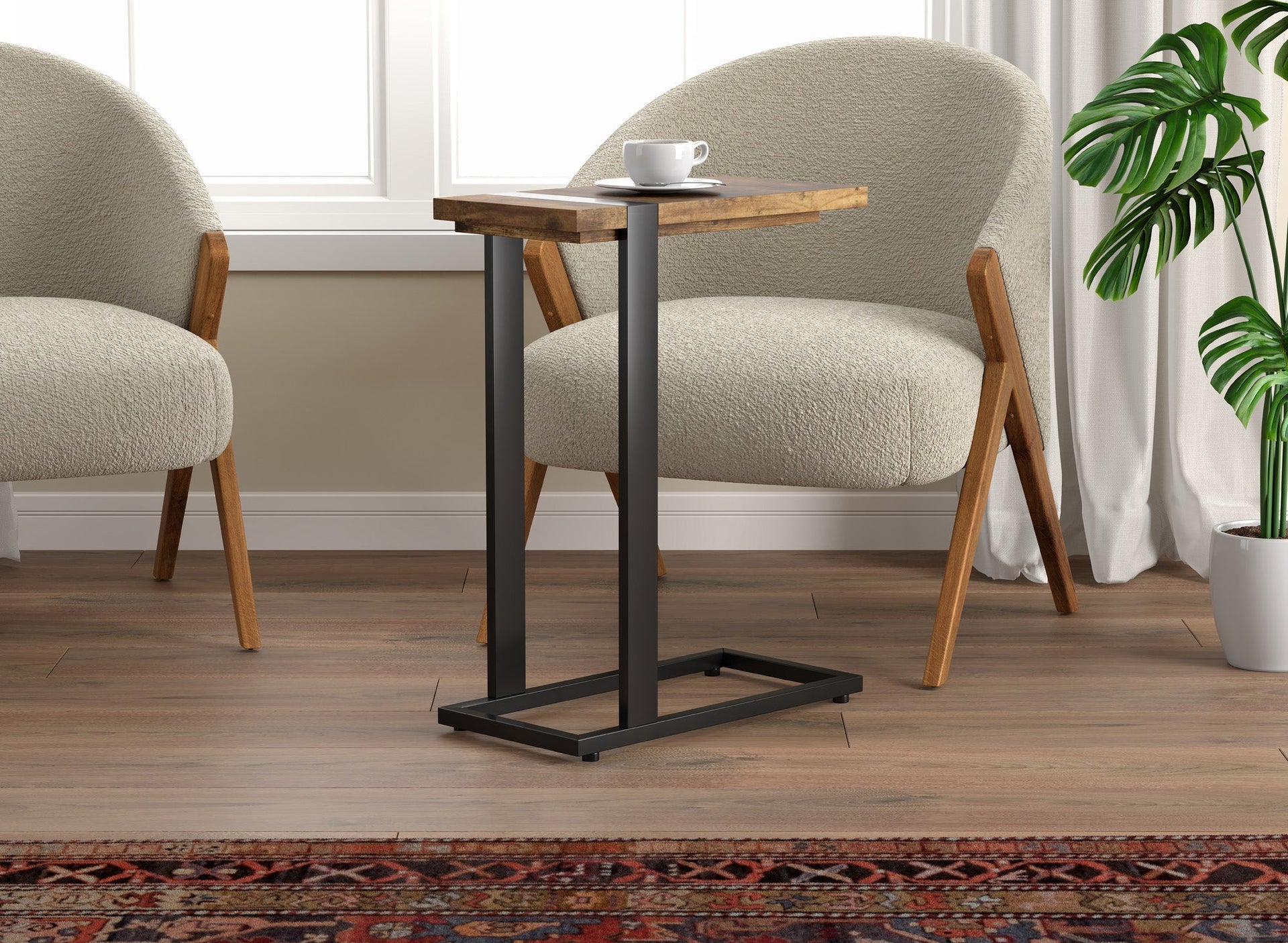 End Accent Table C-Shaped Brown Reclaimed Wood Black Metal
