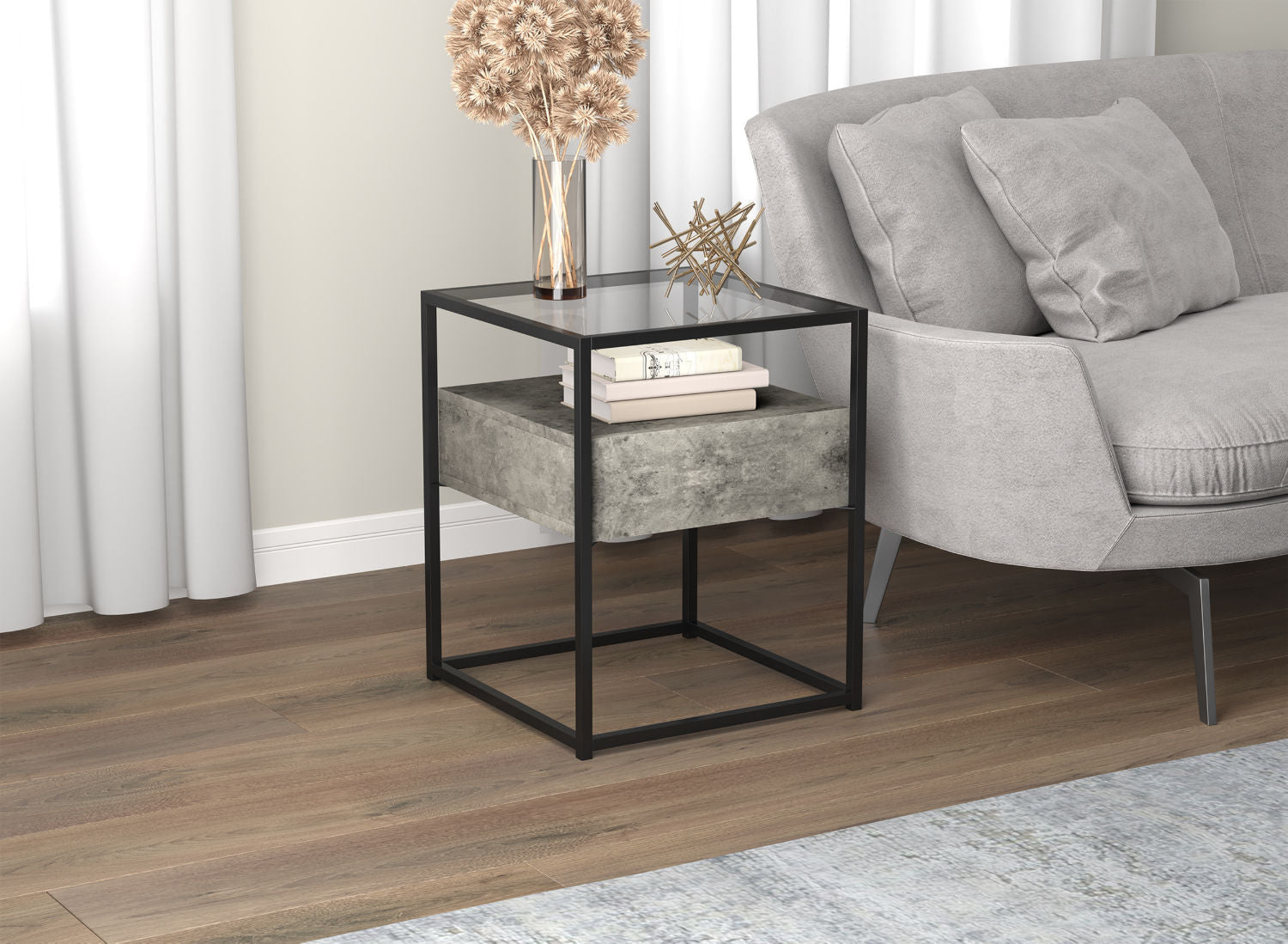 End Accent Table Dark Cement 1 Drawer Glass Top Black Metal