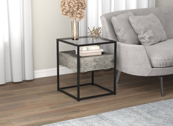End Accent Table Dark Cement 1 Drawer Glass Top Black Metal