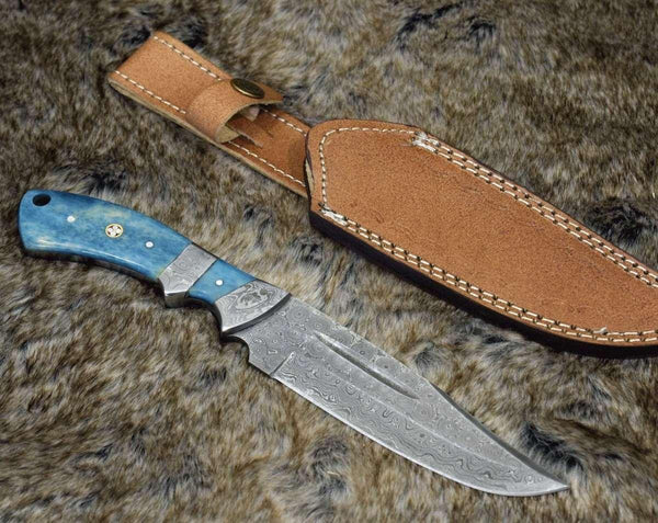 Enforcer Damascus Bowie Knife with Bone Handle - Gifts for You 'n Me