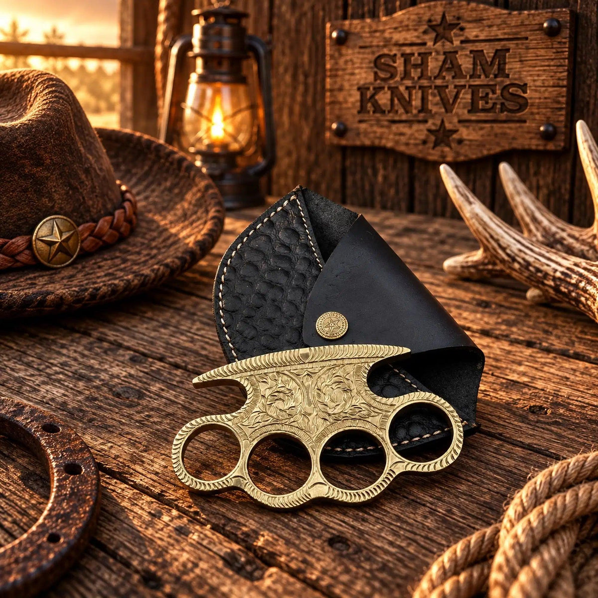 Hand-Tooled Western Engraved Brass Grip with Leather Storage Sheath