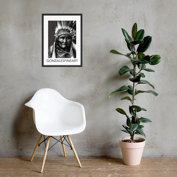 Geronimo War Bonnet Black and White Framed poster - Gifts for You 'n Me