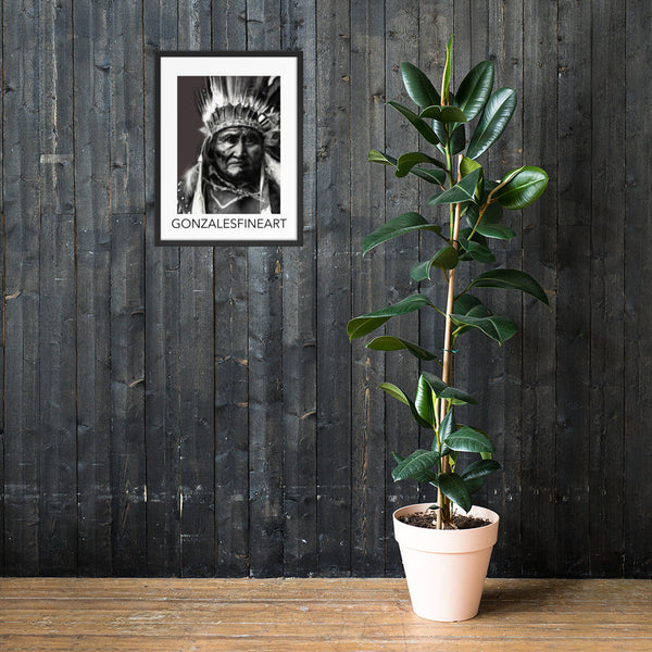 Geronimo War Bonnet Black and White Framed poster