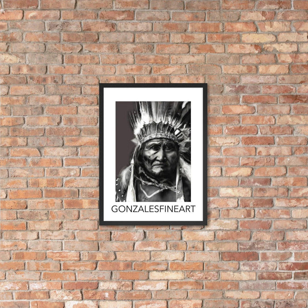 Geronimo War Bonnet Black and White Framed poster - Gifts for You 'n Me