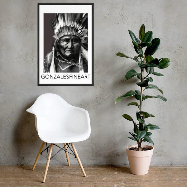 Geronimo War Bonnet Black and White Framed poster - Gifts for You 'n Me