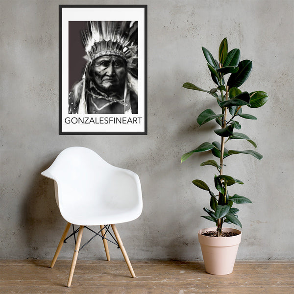 Geronimo War Bonnet Black and White Framed poster