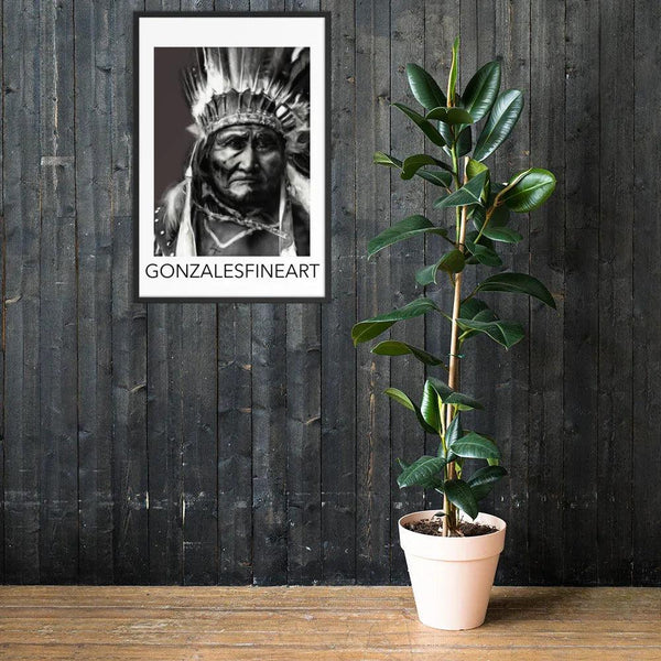 Geronimo War Bonnet Black and White Framed poster - Gifts for You 'n Me