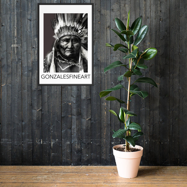Geronimo War Bonnet Black and White Framed poster