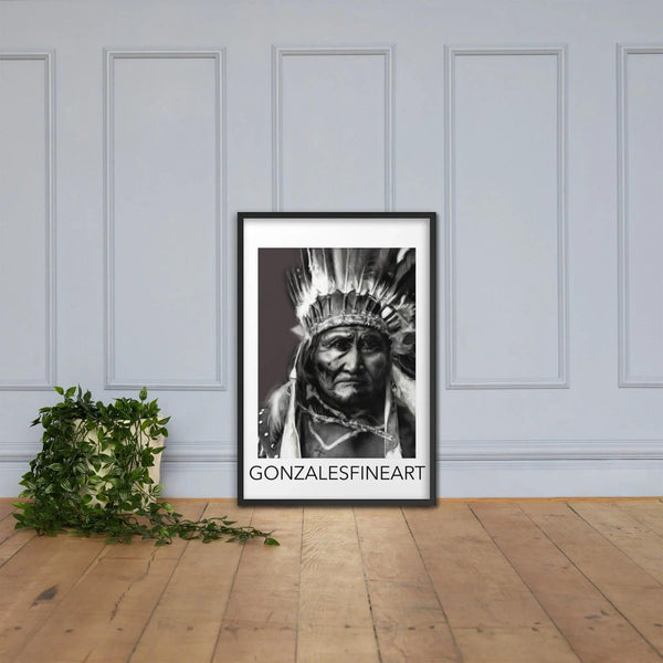 Geronimo War Bonnet Black and White Framed poster - Gifts for You 'n Me