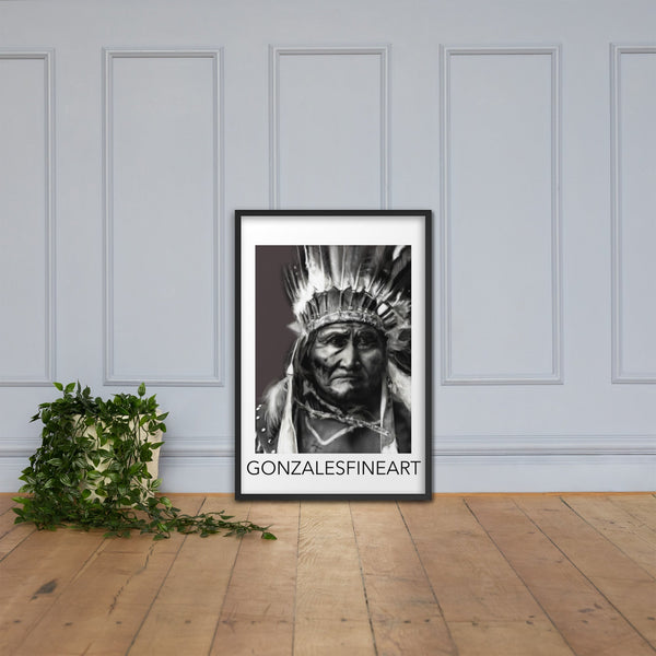 Geronimo War Bonnet Black and White Framed poster