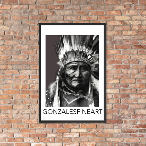Geronimo War Bonnet Black and White Framed poster
