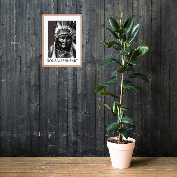 Geronimo War Bonnet Black and White Framed poster