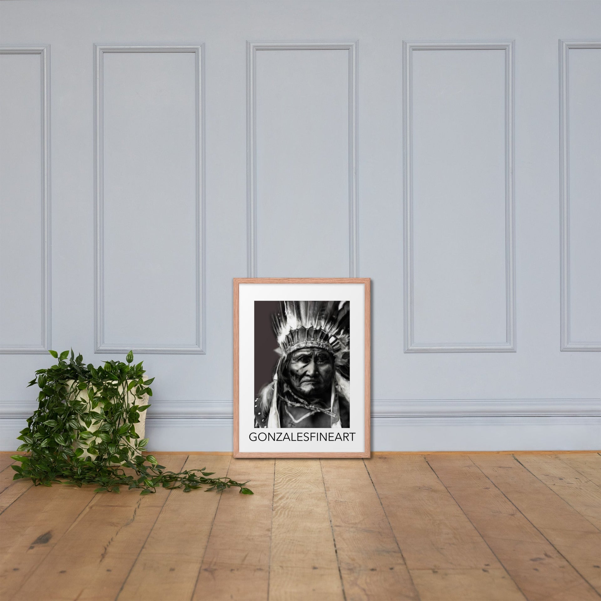 Geronimo War Bonnet Black and White Framed poster