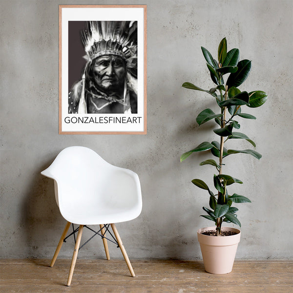 Geronimo War Bonnet Black and White Framed poster
