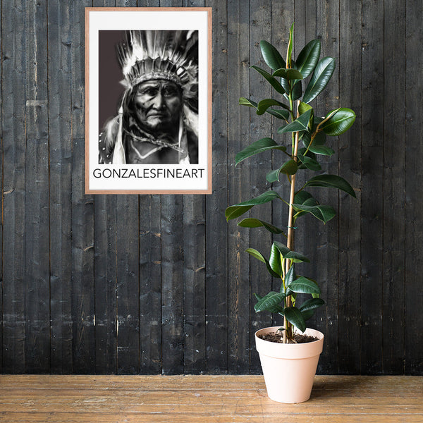 Geronimo War Bonnet Black and White Framed poster