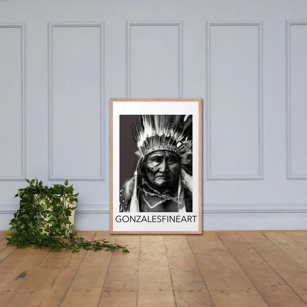 Geronimo War Bonnet Black and White Framed poster - Gifts for You 'n Me