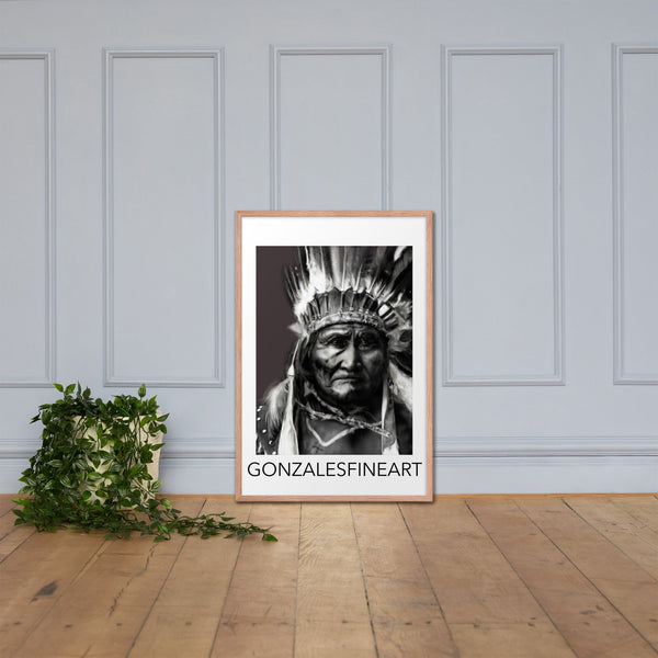 Geronimo War Bonnet Black and White Framed poster