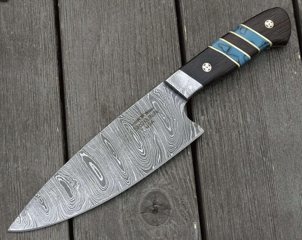 Epicurian Damascus Chef Knife with Exotic Wenge Wood & Turquoise Handle - Gifts for You 'n Me