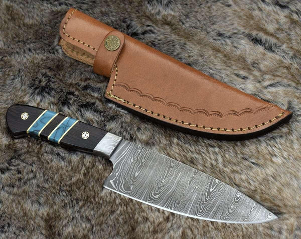 Epicurian Damascus Chef Knife with Exotic Wenge Wood & Turquoise Handle - Gifts for You 'n Me