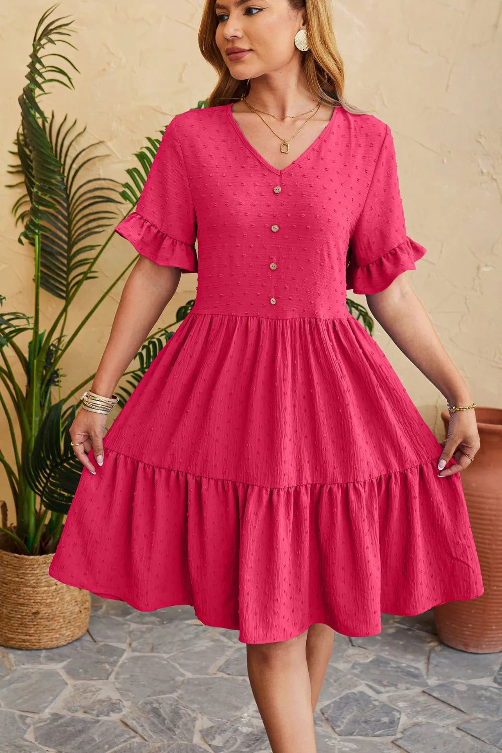 New V-neck jacquard waist cinched five quarter sleeve pleated dress