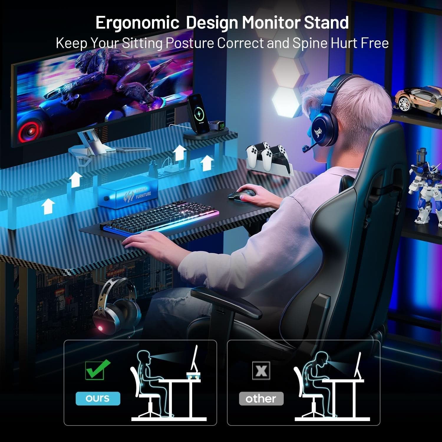 Ergonomic 63 Inch Gaming Desk With LED Lights