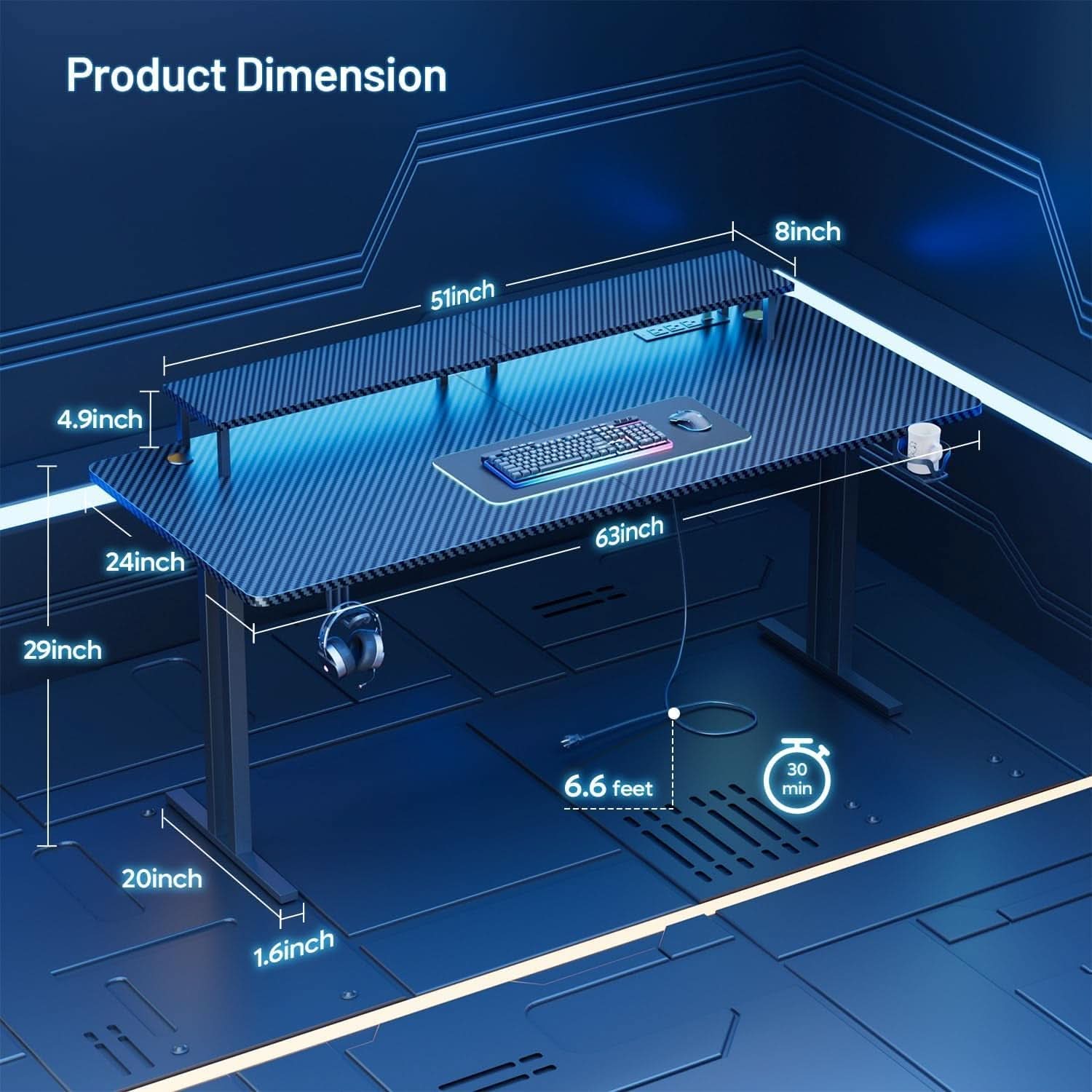 Ergonomic 63 Inch Gaming Desk With LED Lights