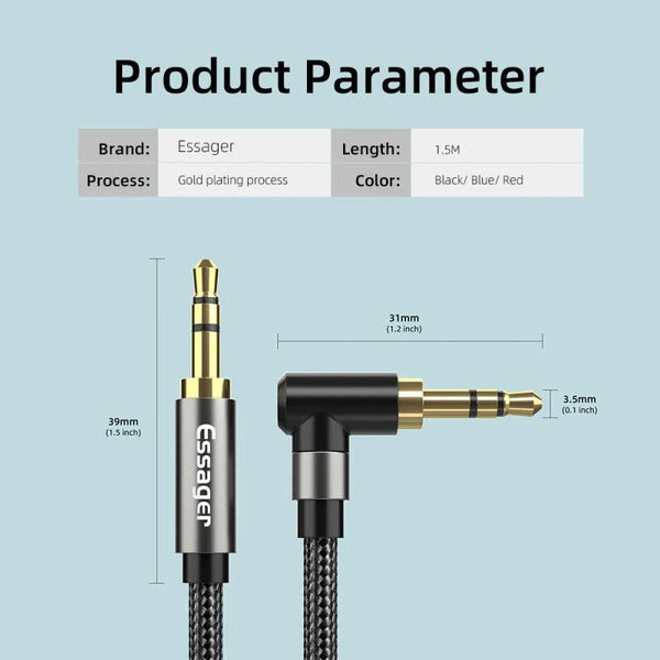 90Degree 3.5mm Right Angle AUX Audio Cable Jack For Headphone Extension Wire