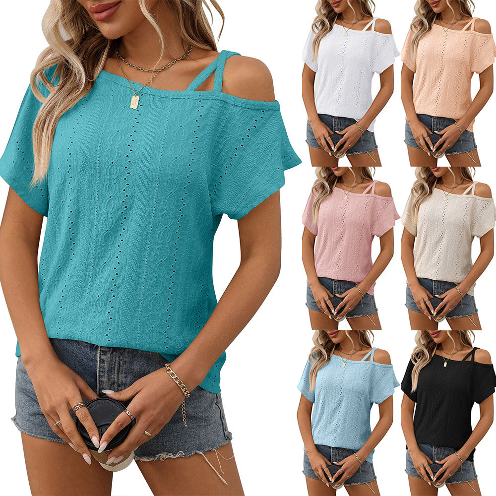 European and American one shoulder short sleeved T-shirt hollowed out top for women