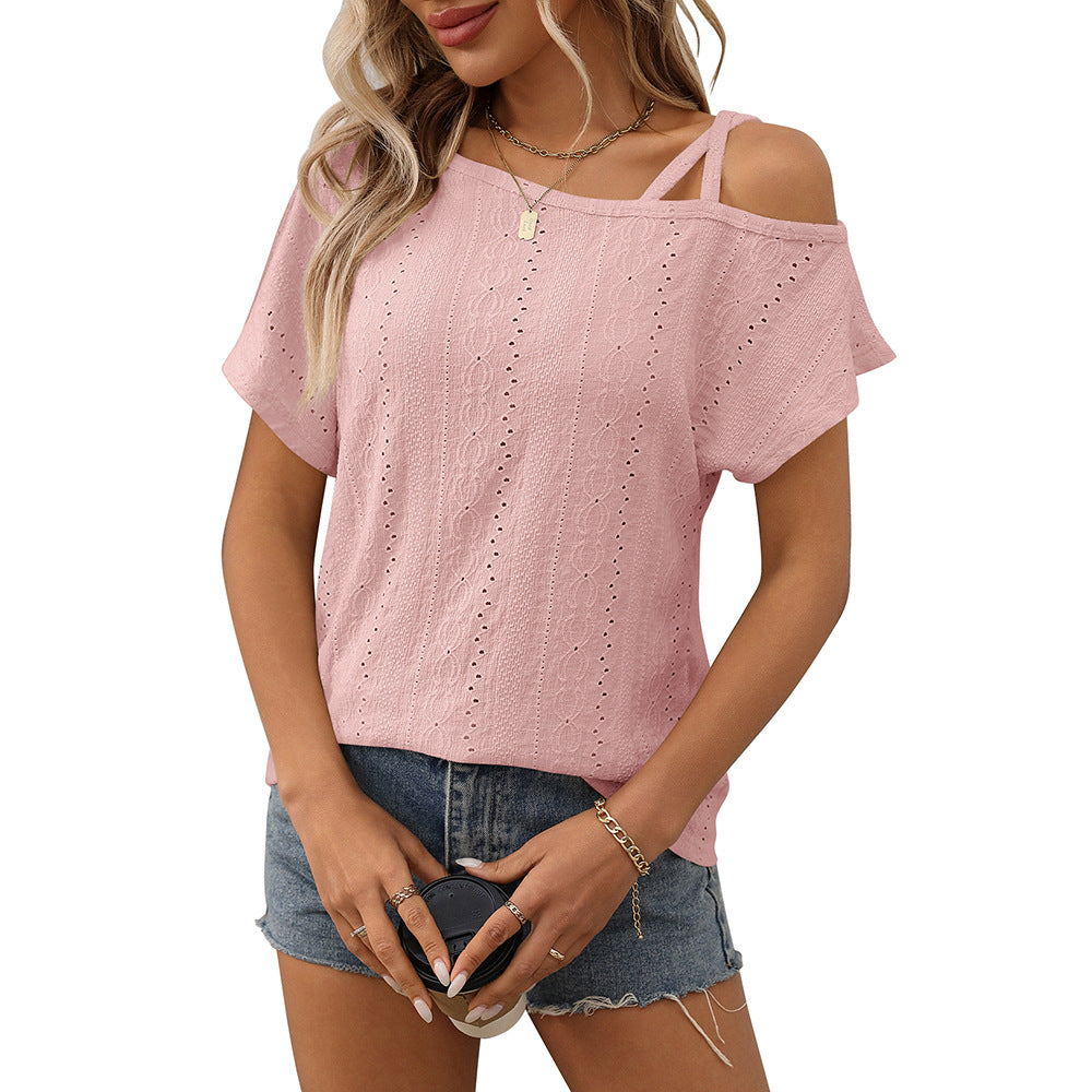 European and American one shoulder short sleeved T-shirt hollowed out top for women