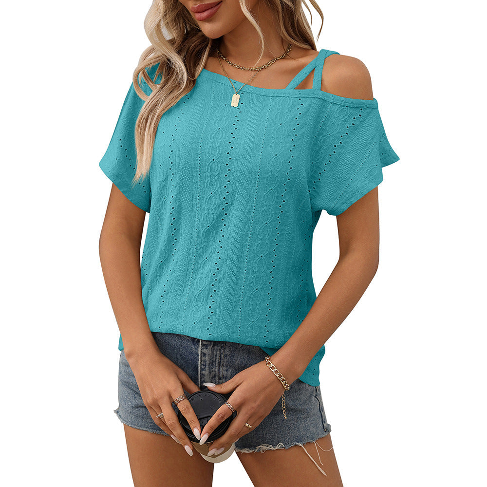 European and American one shoulder short sleeved T-shirt hollowed out top for women
