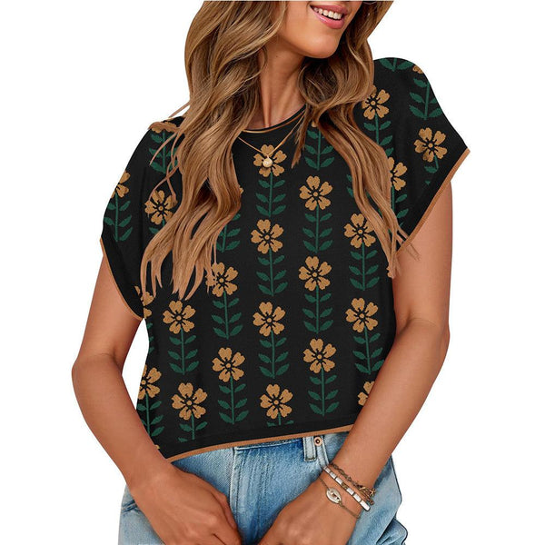 European and American round neck knitted small flower top