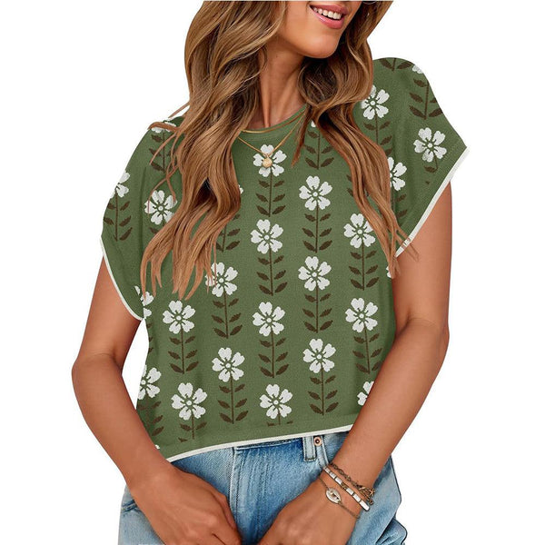 European and American round neck knitted small flower top