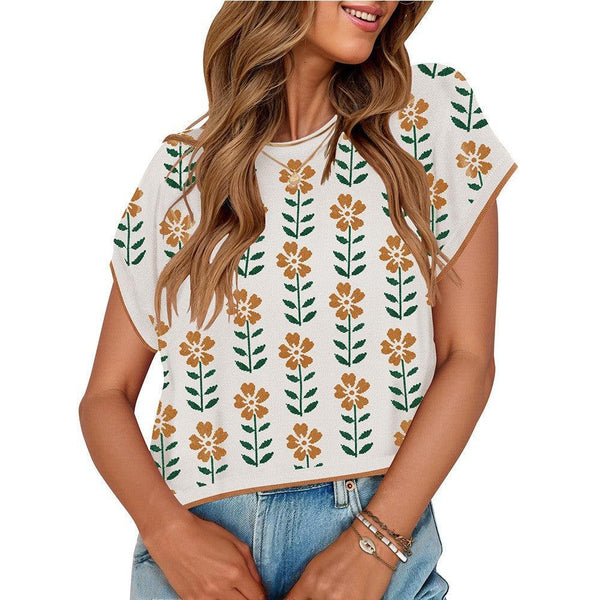 European and American round neck knitted small flower top