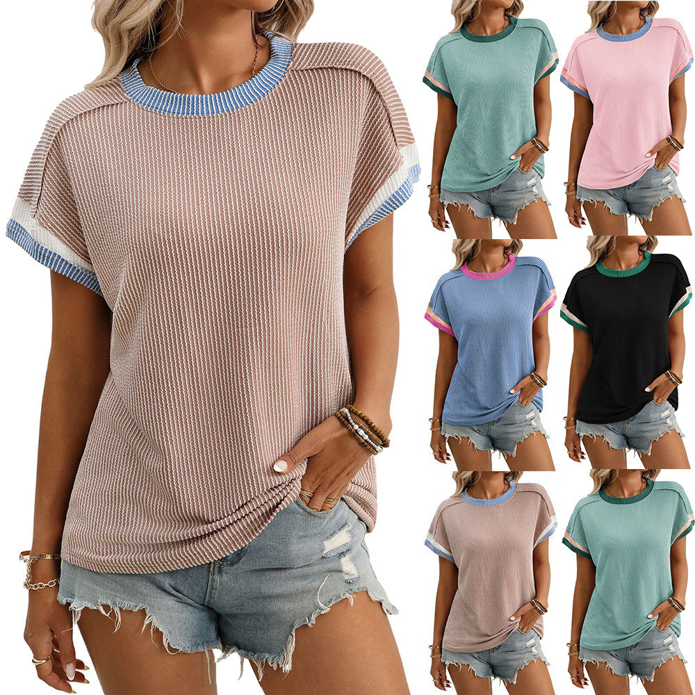 European and American round neck outer seam twisted strip short sleeved loose color blocked T-shirt