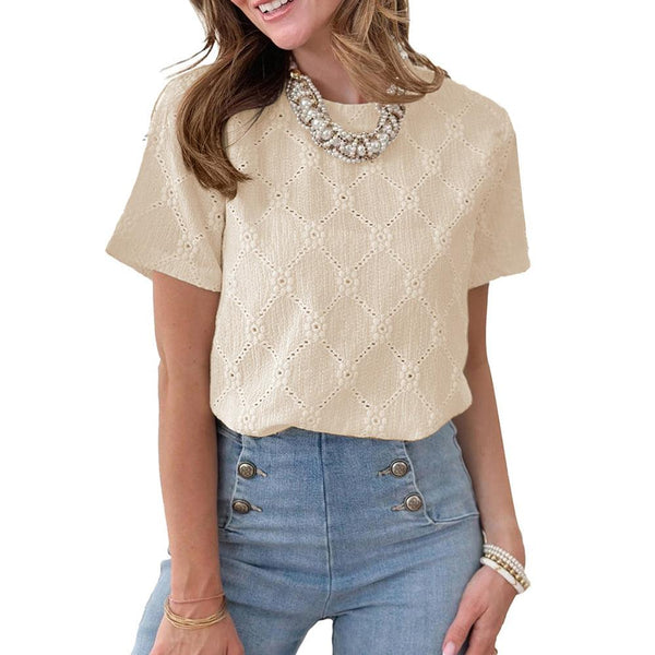 European and American round neck short sleeved imitation embroidery flower jacquard top T-shirt for women