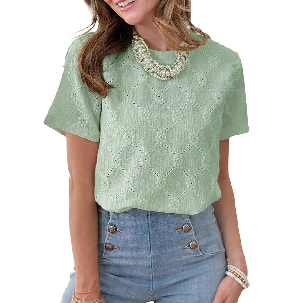 European and American round neck short sleeved imitation embroidery flower jacquard top T-shirt for women