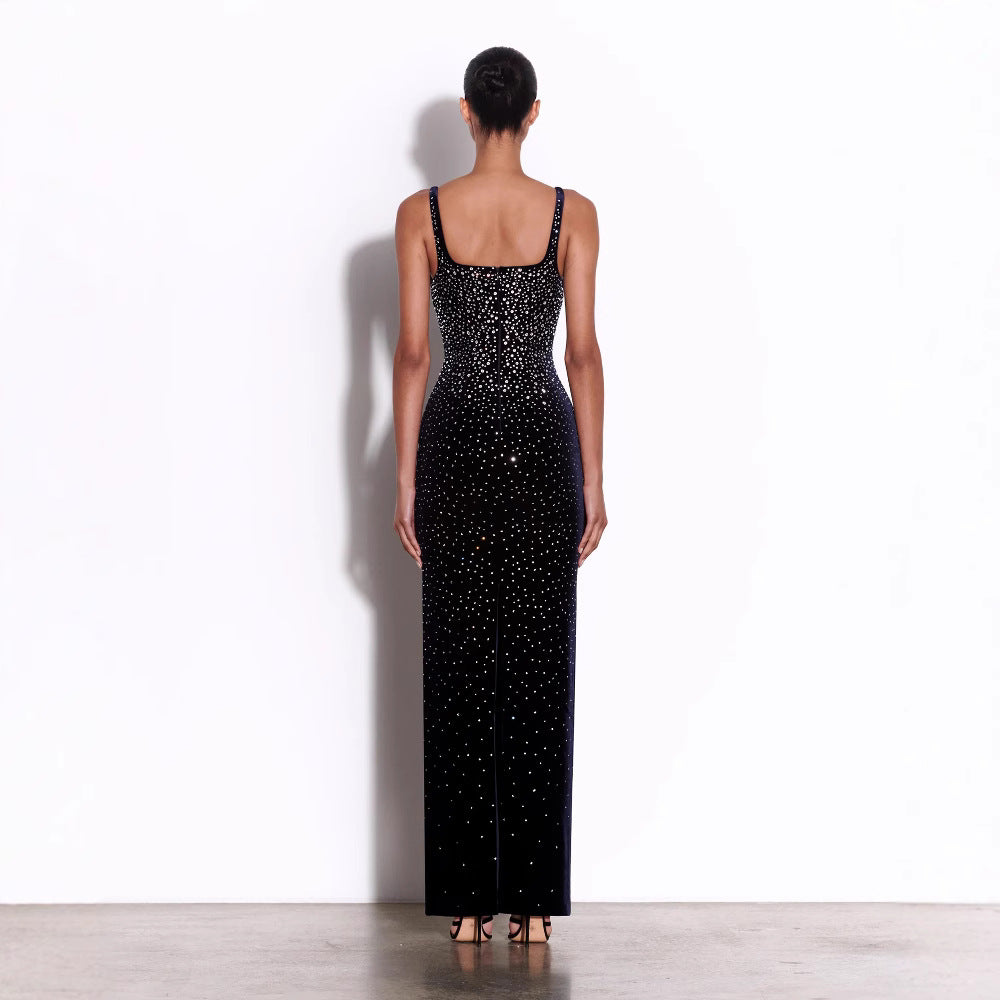 European and American sexy fashion socialite temperament hot diamond suspender backless long dress women's dress