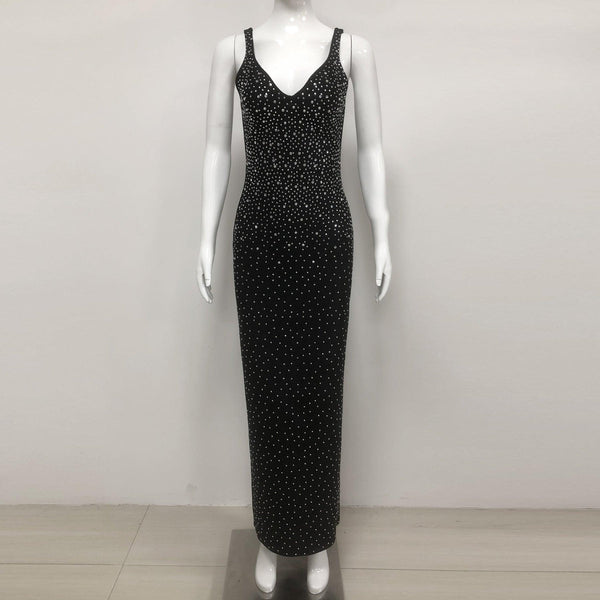 European and American sexy fashion socialite temperament hot diamond suspender backless long dress women's dress