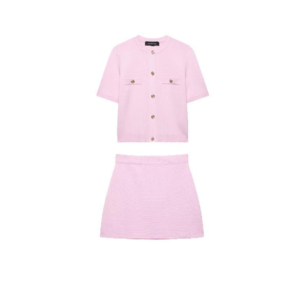 European and American style women's clothing new fashion short sleeved knitted top half skirt set